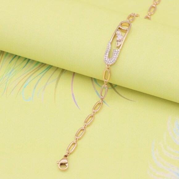 "Rose Gold Safety Pin Bracelet with Wing Detail, XPBL0781 - Picture 2 of 12